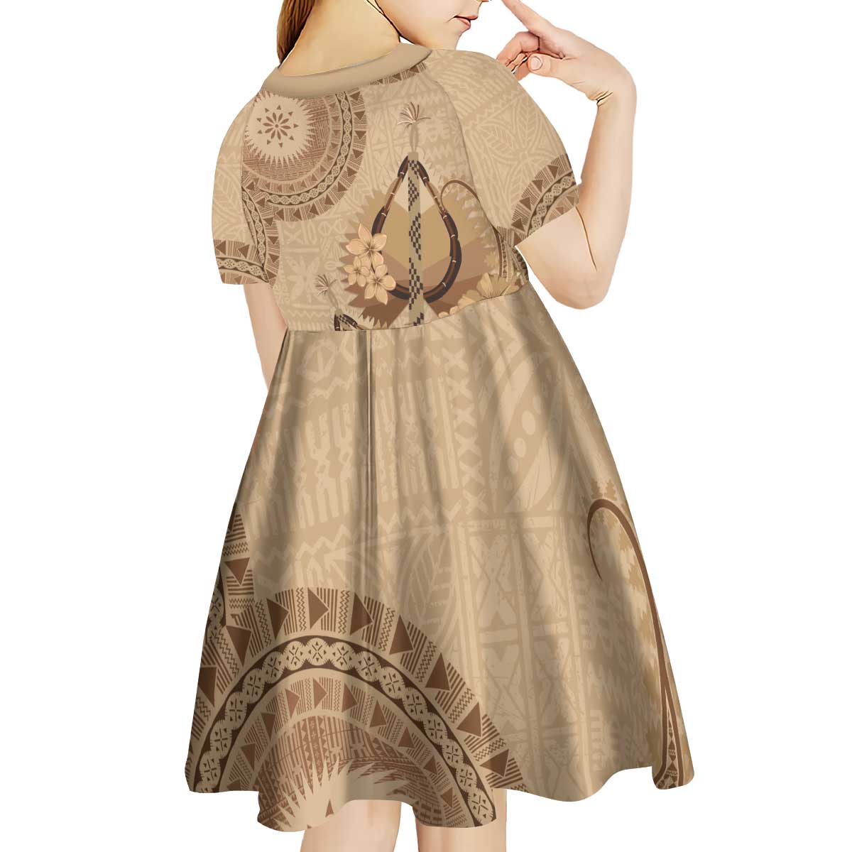 Brown Bula Fiji Kid Short Sleeve Dress Fijian Dance Fan Tapa Cloth Pattern LT14 - Polynesian Pride