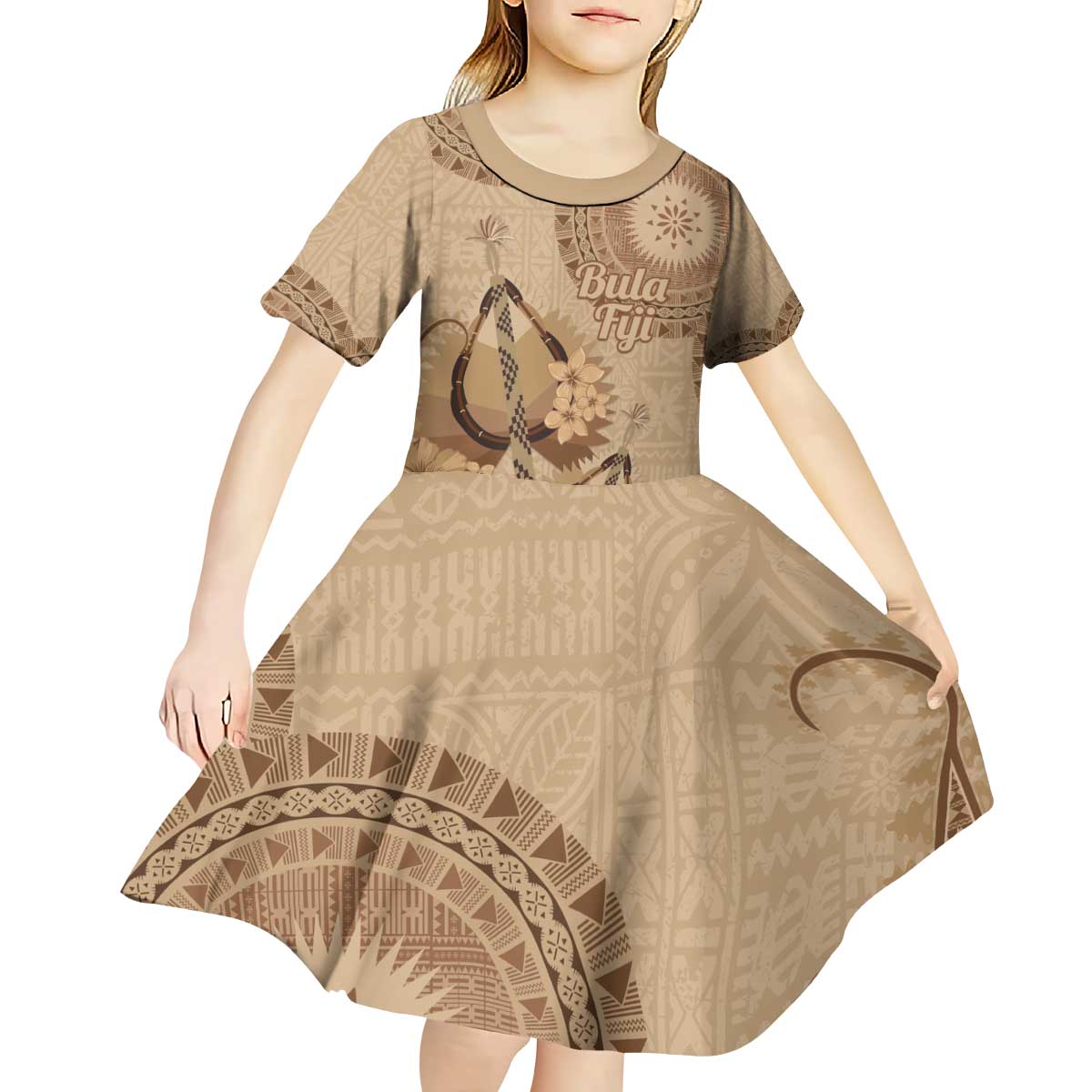 Brown Bula Fiji Kid Short Sleeve Dress Fijian Dance Fan Tapa Cloth Pattern LT14 - Polynesian Pride