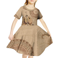 Brown Bula Fiji Kid Short Sleeve Dress Fijian Dance Fan Tapa Cloth Pattern LT14 - Polynesian Pride