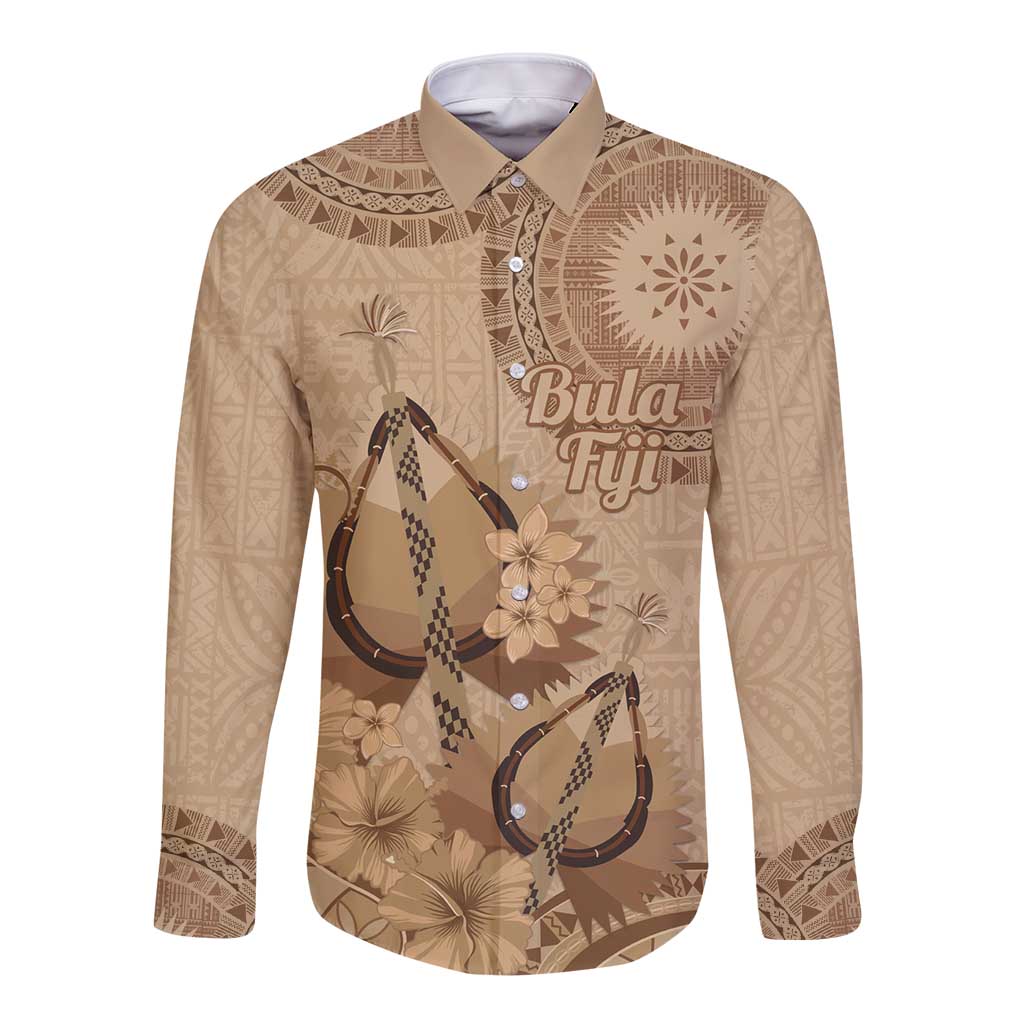 Brown Bula Fiji Long Sleeve Button Shirt Fijian Dance Fan Tapa Cloth Pattern LT14 Unisex Brown - Polynesian Pride
