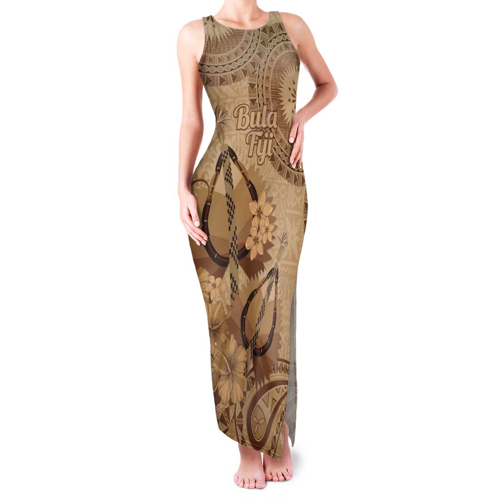 Brown Bula Fiji Tank Maxi Dress Fijian Dance Fan Tapa Cloth Pattern LT14 Women Brown - Polynesian Pride