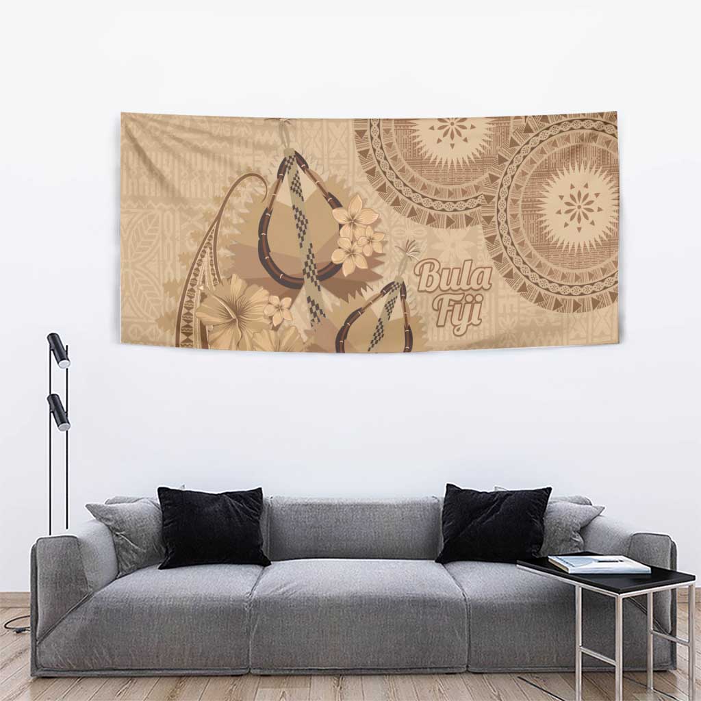Brown Bula Fiji Tapestry Fijian Dance Fan Tapa Cloth Pattern LT14 - Polynesian Pride