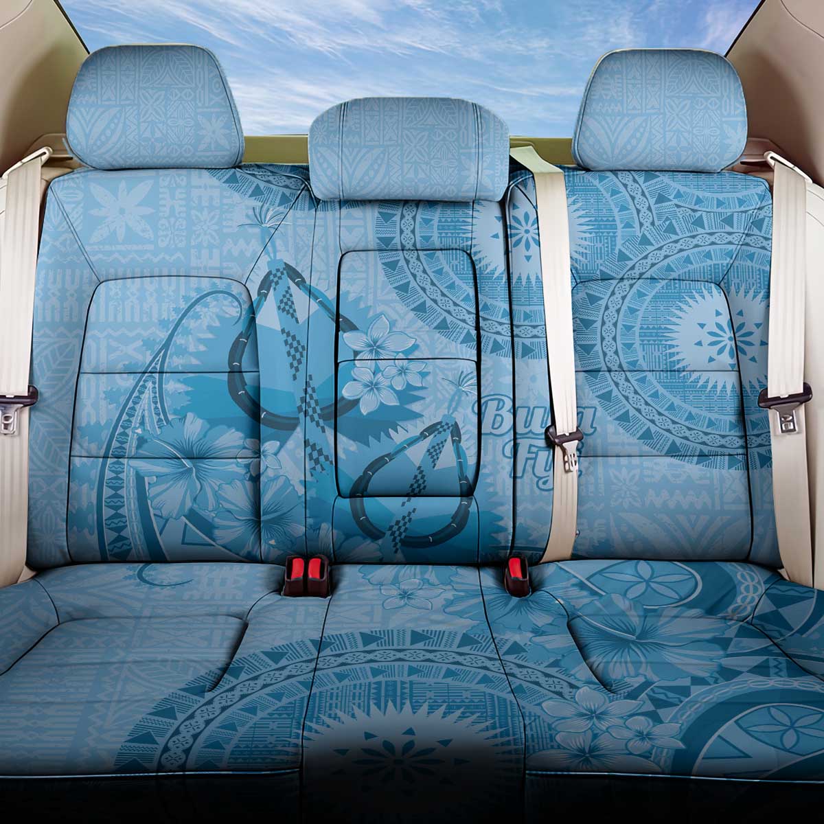 Blue Bula Fiji Back Car Seat Cover Fijian Dance Fan Tapa Cloth Pattern LT14 One Size Blue - Polynesian Pride