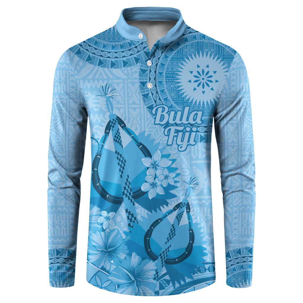 Blue Bula Fiji Button Sweatshirt Fijian Dance Fan Tapa Cloth Pattern LT14 Blue - Polynesian Pride