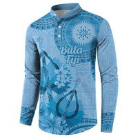 Blue Bula Fiji Button Sweatshirt Fijian Dance Fan Tapa Cloth Pattern LT14 - Polynesian Pride