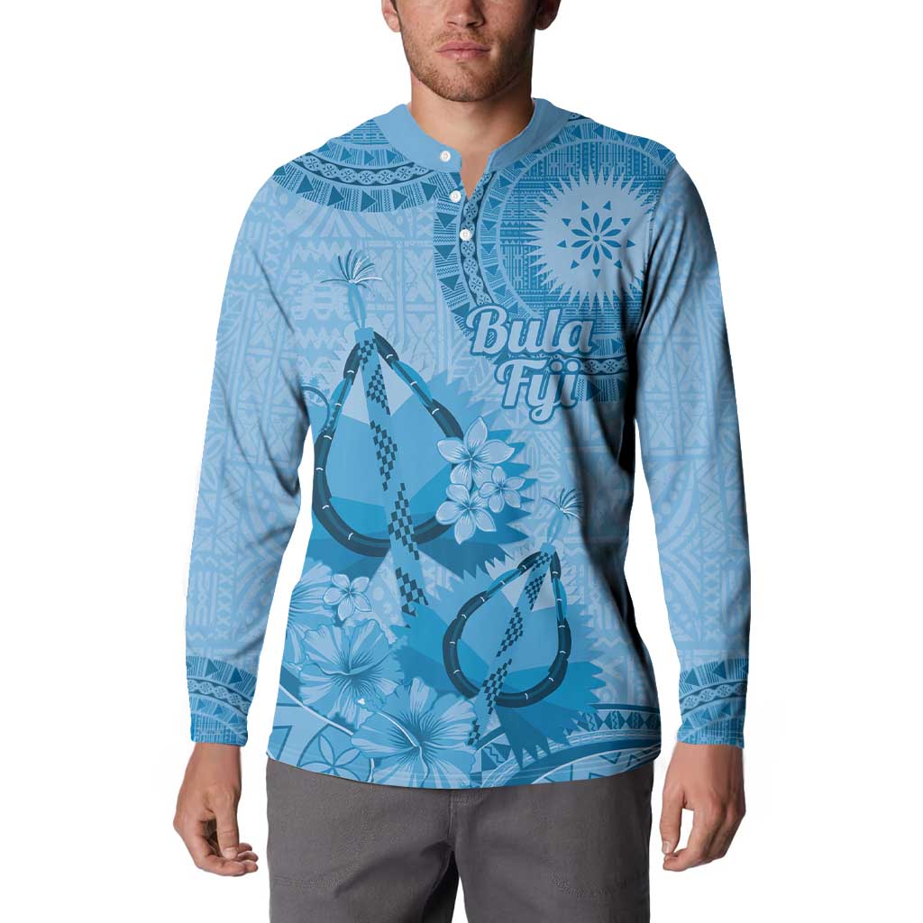 Blue Bula Fiji Button Sweatshirt Fijian Dance Fan Tapa Cloth Pattern LT14 - Polynesian Pride