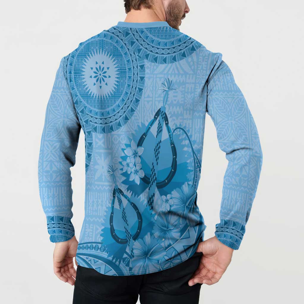 Blue Bula Fiji Button Sweatshirt Fijian Dance Fan Tapa Cloth Pattern LT14 - Polynesian Pride