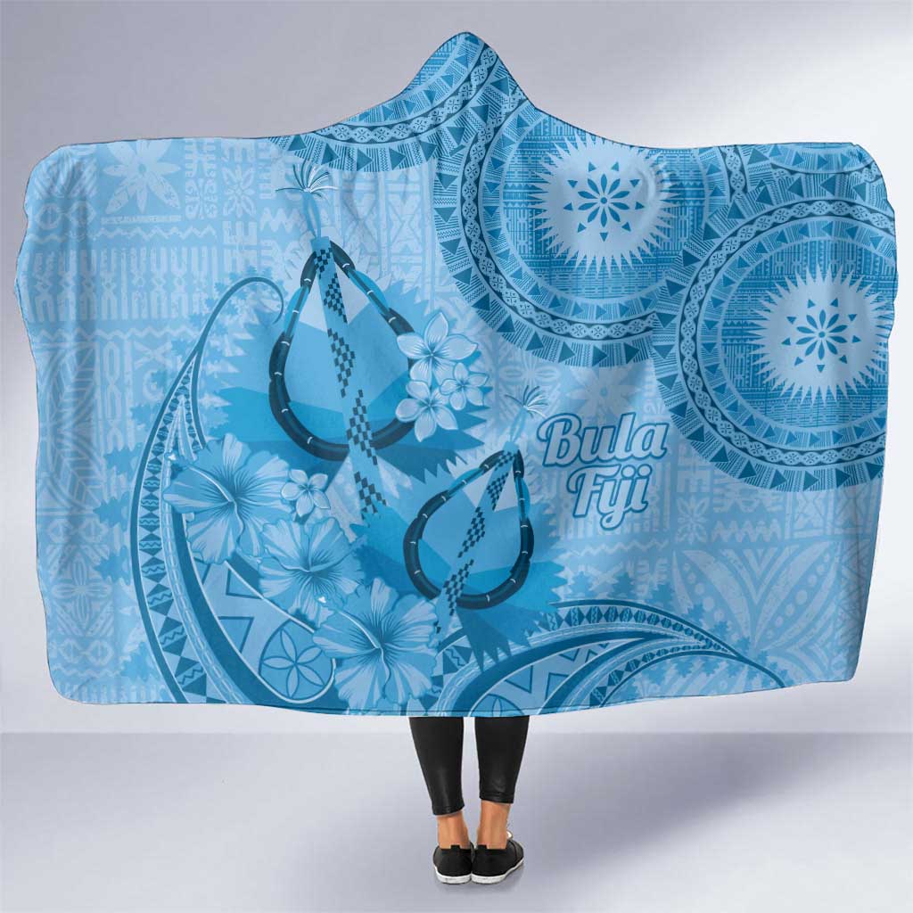 Blue Bula Fiji Hooded Blanket Fijian Dance Fan Tapa Cloth Pattern LT14 One Size Blue - Polynesian Pride