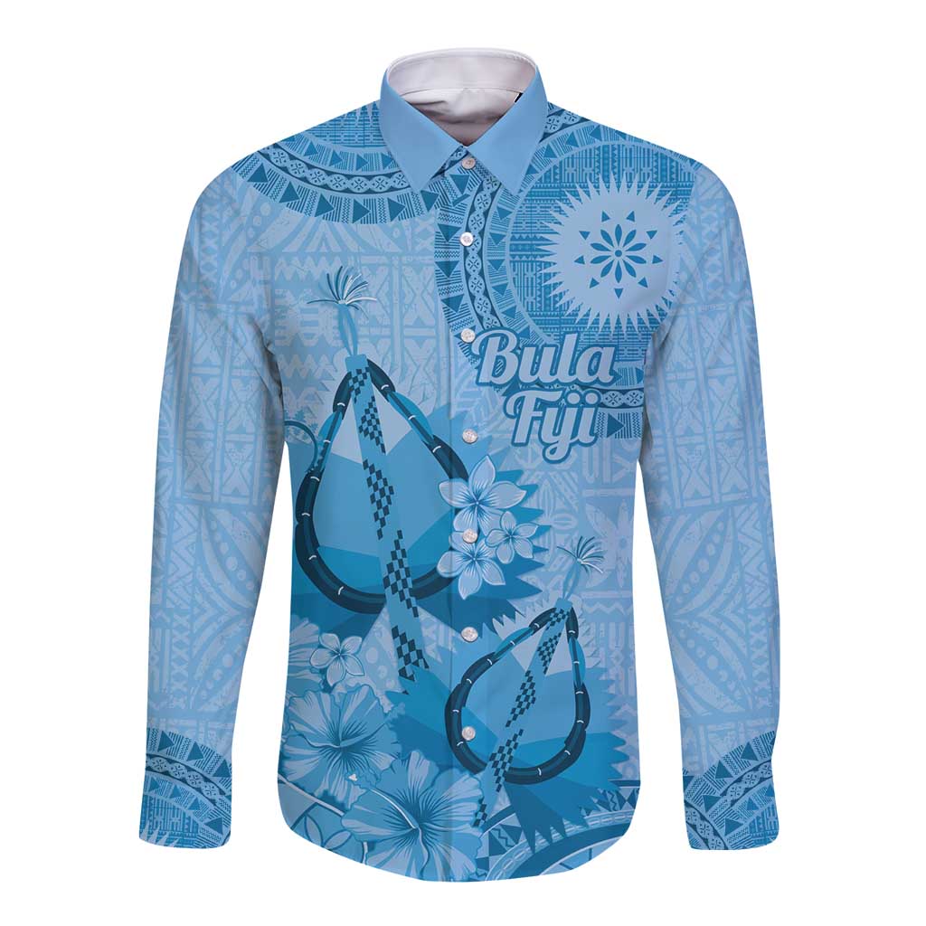 Blue Bula Fiji Long Sleeve Button Shirt Fijian Dance Fan Tapa Cloth Pattern LT14 Unisex Blue - Polynesian Pride