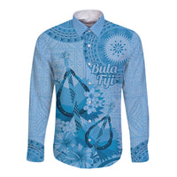 Blue Bula Fiji Long Sleeve Button Shirt Fijian Dance Fan Tapa Cloth Pattern LT14 Unisex Blue - Polynesian Pride