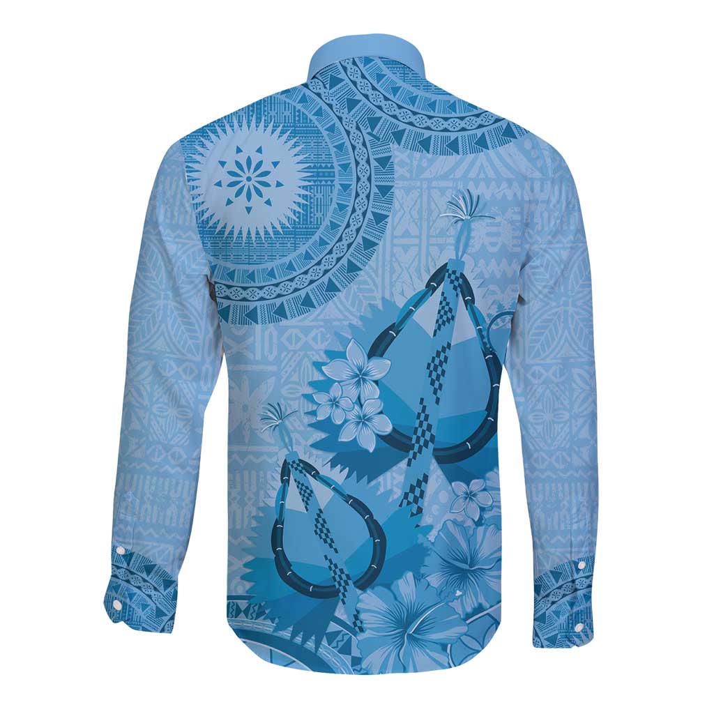 Blue Bula Fiji Long Sleeve Button Shirt Fijian Dance Fan Tapa Cloth Pattern LT14 - Polynesian Pride