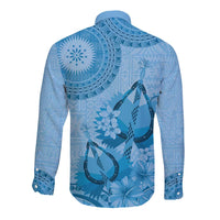 Blue Bula Fiji Long Sleeve Button Shirt Fijian Dance Fan Tapa Cloth Pattern LT14 - Polynesian Pride