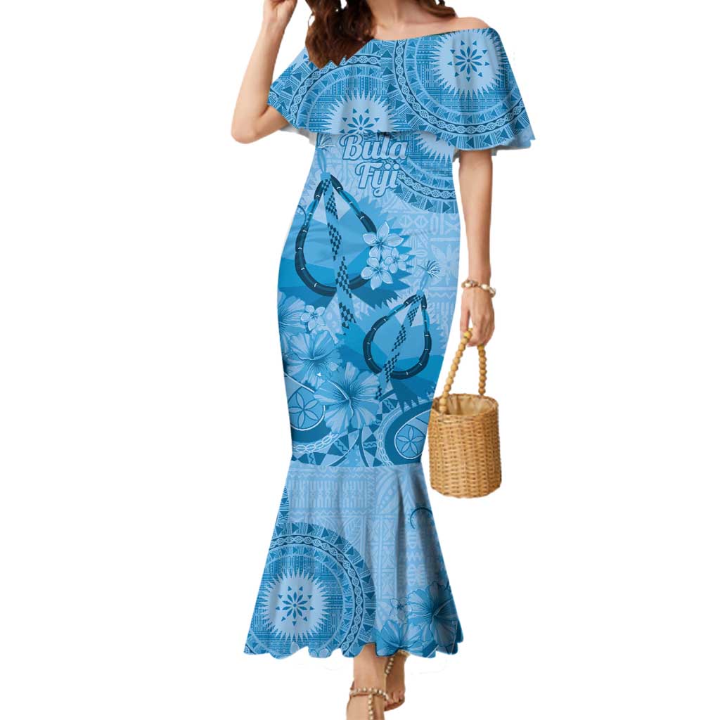 Blue Bula Fiji Mermaid Dress Fijian Dance Fan Tapa Cloth Pattern LT14 Women Blue - Polynesian Pride