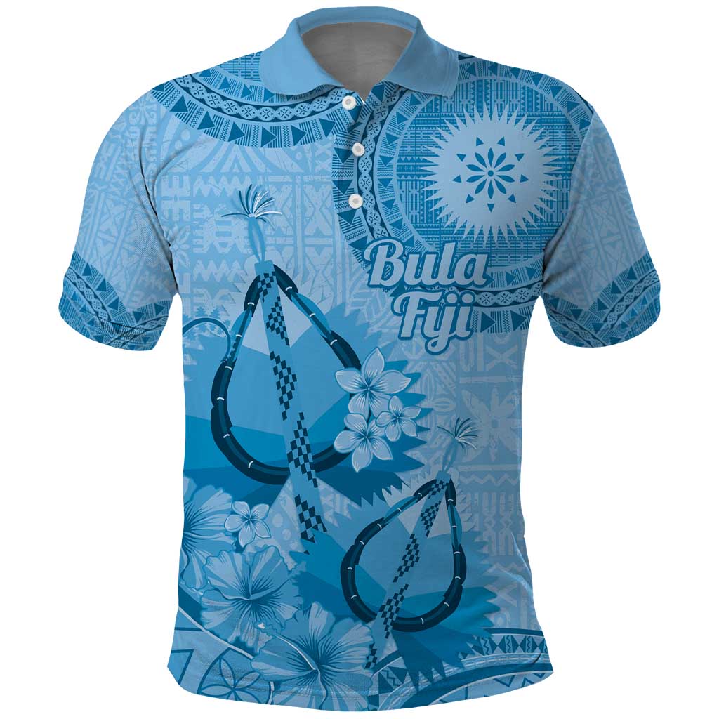 Blue Bula Fiji Polo Shirt Fijian Dance Fan Tapa Cloth Pattern LT14 Blue - Polynesian Pride