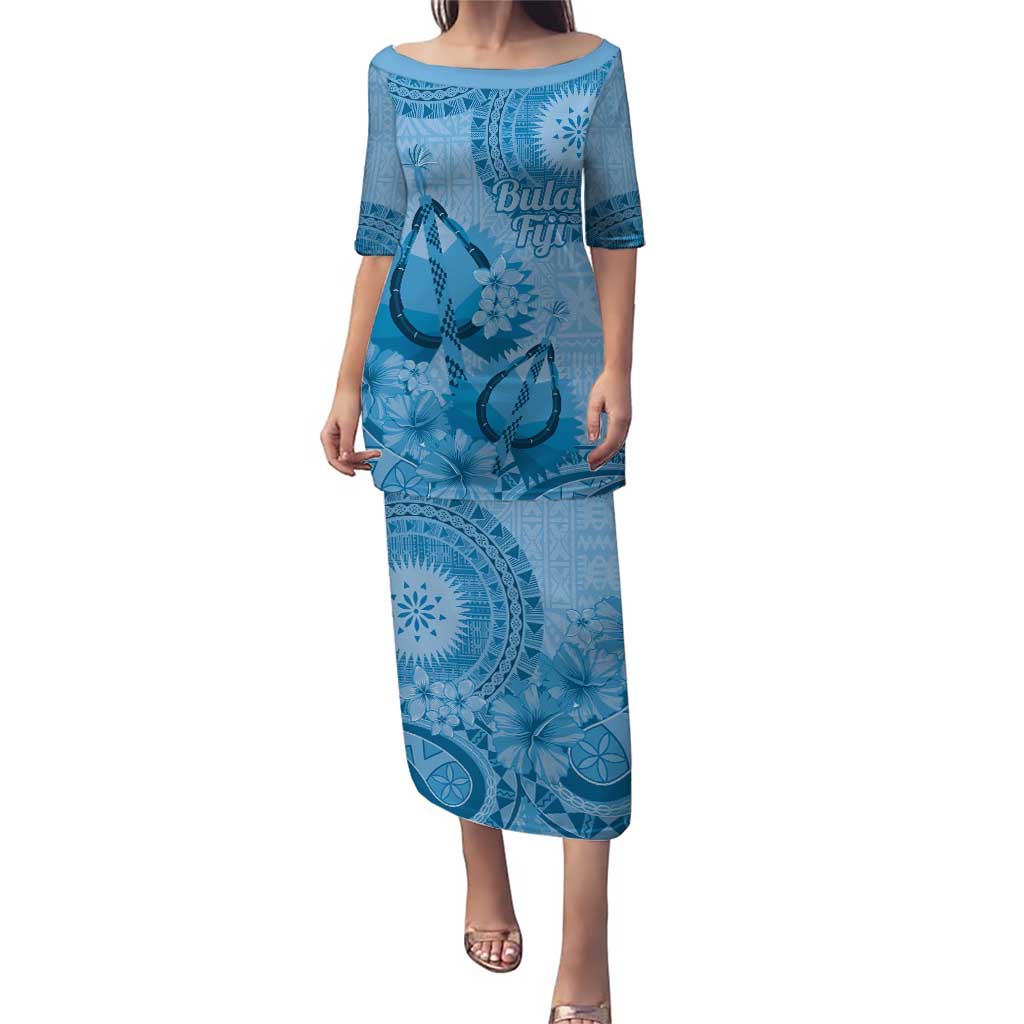 Blue Bula Fiji Puletasi Fijian Dance Fan Tapa Cloth Pattern LT14 Long Dress Blue - Polynesian Pride