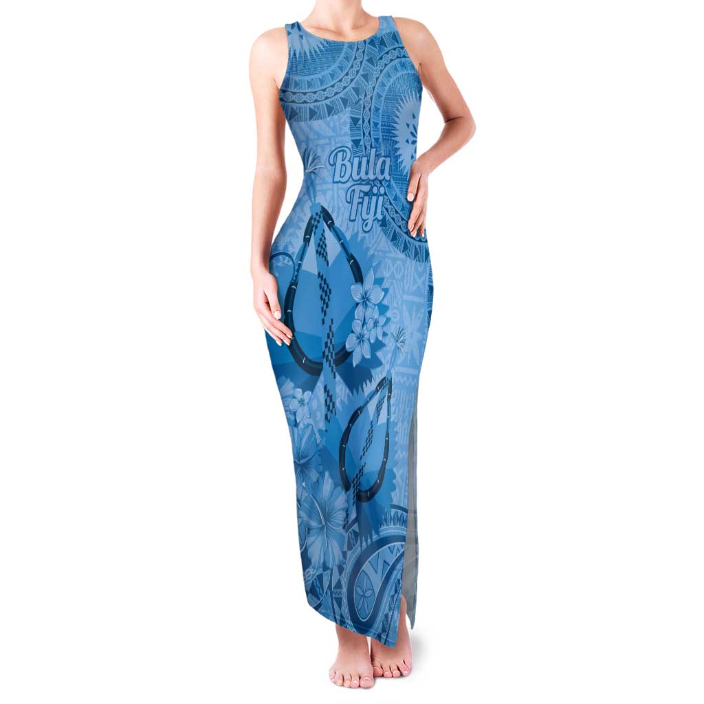 Blue Bula Fiji Tank Maxi Dress Fijian Dance Fan Tapa Cloth Pattern LT14 Women Blue - Polynesian Pride