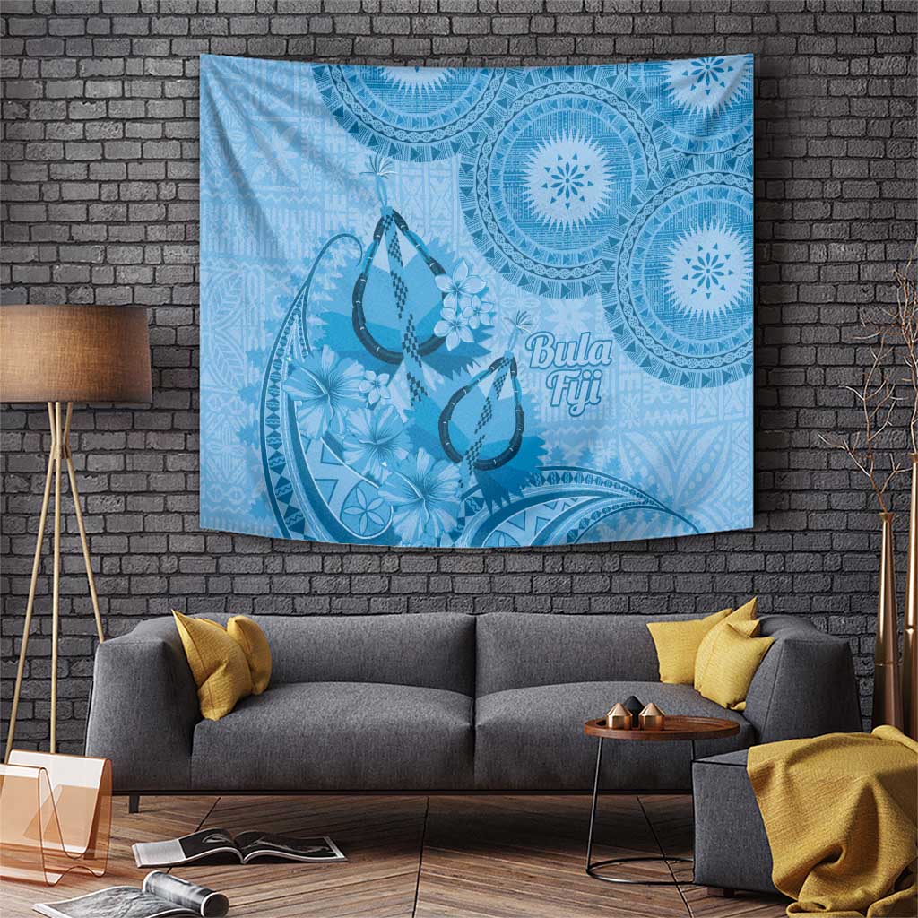 Blue Bula Fiji Tapestry Fijian Dance Fan Tapa Cloth Pattern LT14 Blue - Polynesian Pride