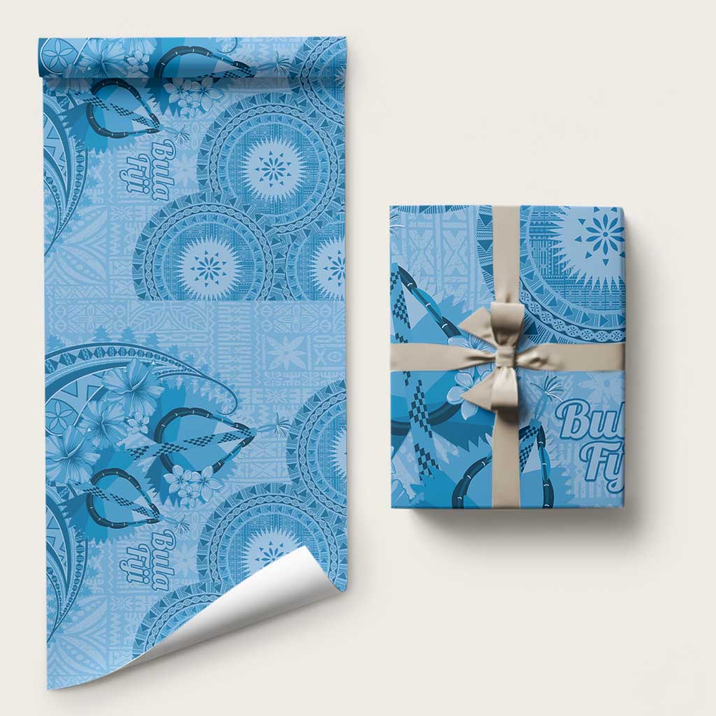 Blue Bula Fiji Wrapping Paper Fijian Dance Fan Tapa Cloth Pattern LT14 58" × 23" Blue - Polynesian Pride