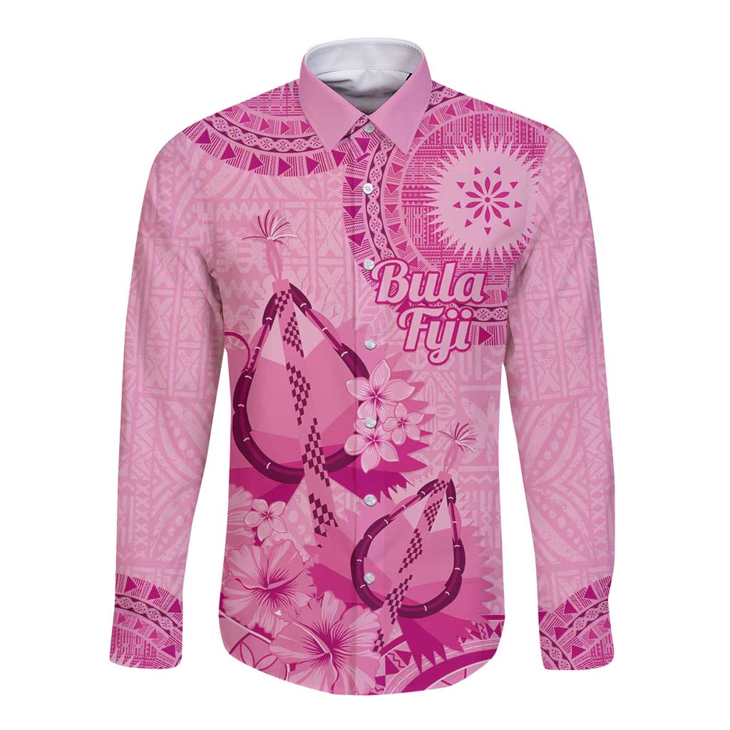 Pink Bula Fiji Long Sleeve Button Shirt Fijian Dance Fan Tapa Cloth Pattern LT14 Unisex Pink - Polynesian Pride