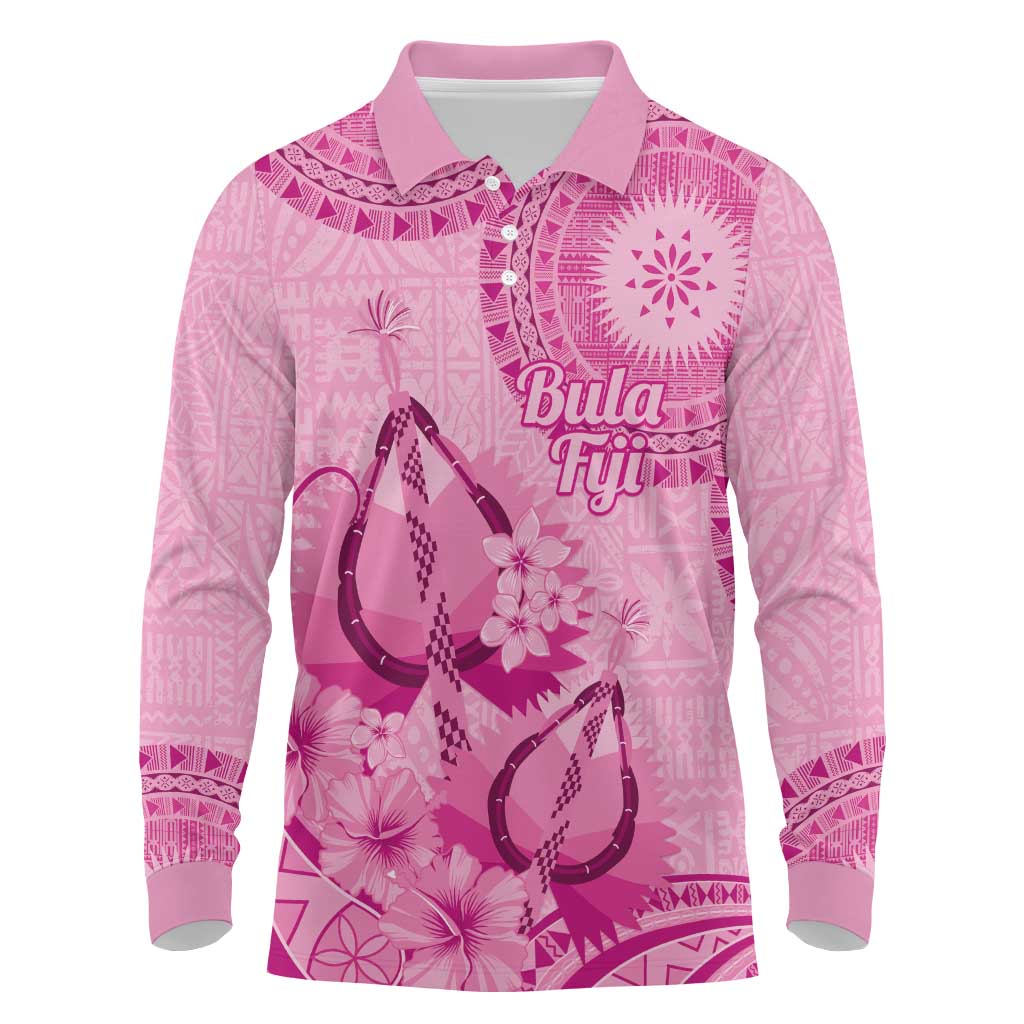 Pink Bula Fiji Long Sleeve Polo Shirt Fijian Dance Fan Tapa Cloth Pattern LT14 Pink - Polynesian Pride