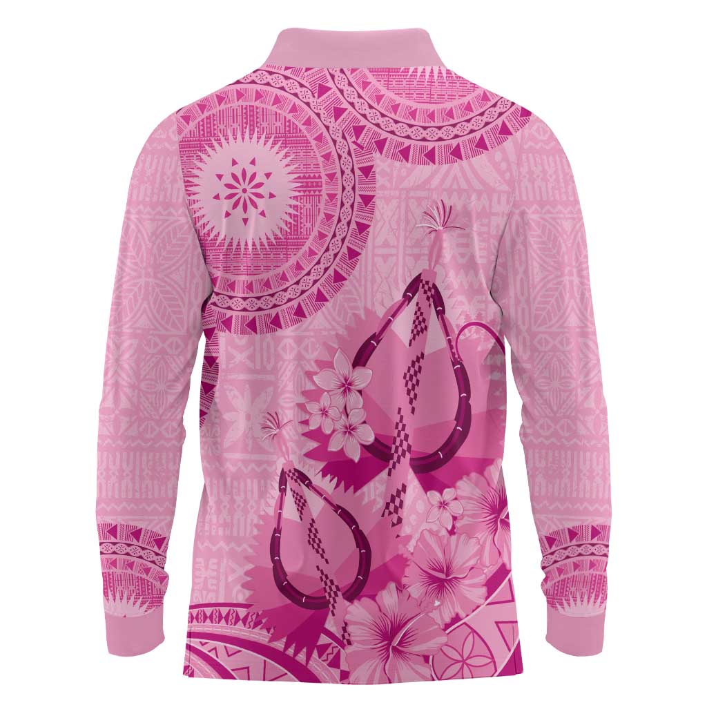 Pink Bula Fiji Long Sleeve Polo Shirt Fijian Dance Fan Tapa Cloth Pattern LT14 - Polynesian Pride