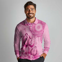 Pink Bula Fiji Long Sleeve Polo Shirt Fijian Dance Fan Tapa Cloth Pattern LT14 - Polynesian Pride