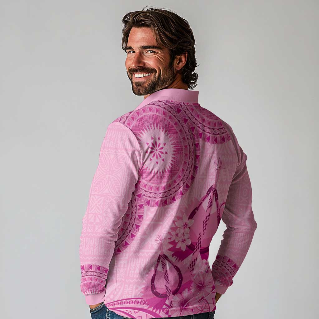 Pink Bula Fiji Long Sleeve Polo Shirt Fijian Dance Fan Tapa Cloth Pattern LT14 - Polynesian Pride