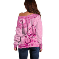 Pink Bula Fiji Off Shoulder Sweater Fijian Dance Fan Tapa Cloth Pattern LT14 - Polynesian Pride