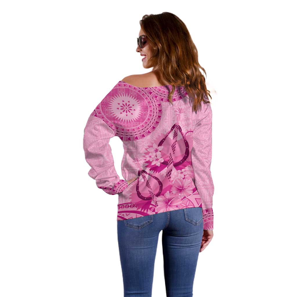 Pink Bula Fiji Off Shoulder Sweater Fijian Dance Fan Tapa Cloth Pattern LT14 - Polynesian Pride