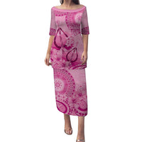 Pink Bula Fiji Puletasi Fijian Dance Fan Tapa Cloth Pattern LT14 Long Dress Pink - Polynesian Pride