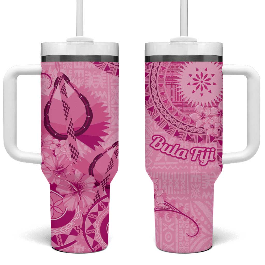 Pink Bula Fiji Tumbler With Handle Fijian Dance Fan Tapa Cloth Pattern LT14 One Size: 40 oz Pink - Polynesian Pride