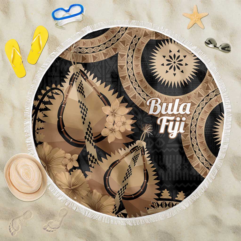 Black Bula Fiji Beach Blanket Fijian Dance Fan Tapa Cloth Pattern LT14 One Size 150cm Black - Polynesian Pride