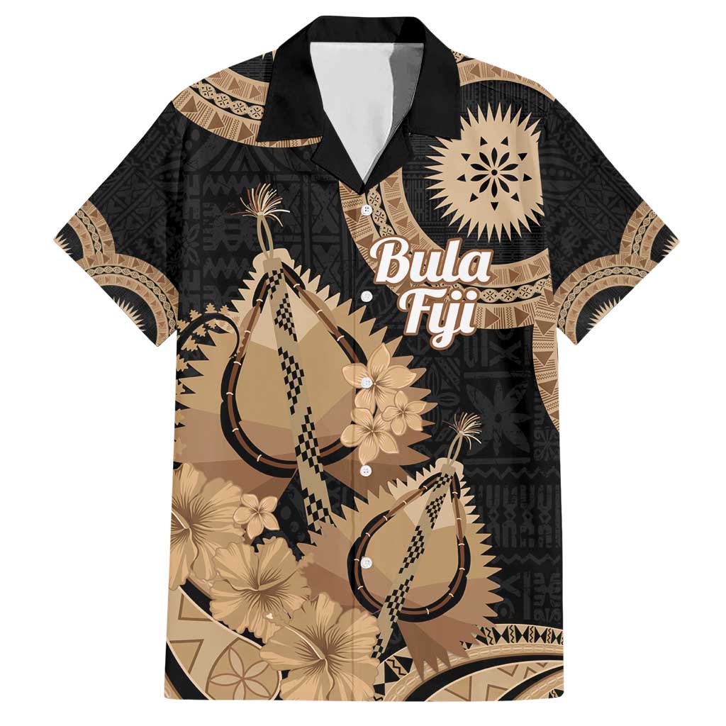 Black Bula Fiji Hawaiian Shirt Fijian Dance Fan Tapa Cloth Pattern LT14 Black - Polynesian Pride