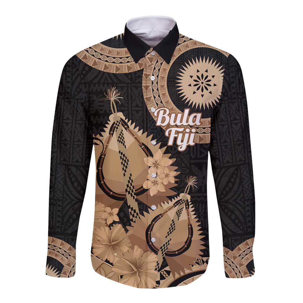 Black Bula Fiji Long Sleeve Button Shirt Fijian Dance Fan Tapa Cloth Pattern LT14 Unisex Black - Polynesian Pride