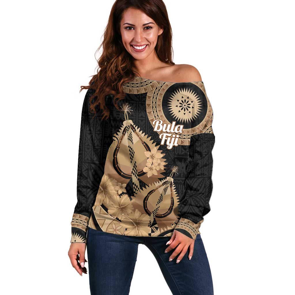 Black Bula Fiji Off Shoulder Sweater Fijian Dance Fan Tapa Cloth Pattern LT14 Women Black - Polynesian Pride