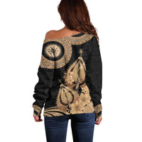 Black Bula Fiji Off Shoulder Sweater Fijian Dance Fan Tapa Cloth Pattern LT14 - Polynesian Pride