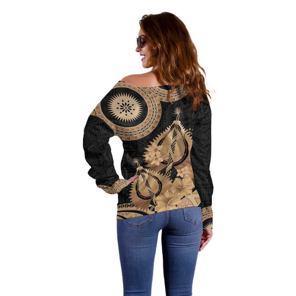 Black Bula Fiji Off Shoulder Sweater Fijian Dance Fan Tapa Cloth Pattern LT14 - Polynesian Pride