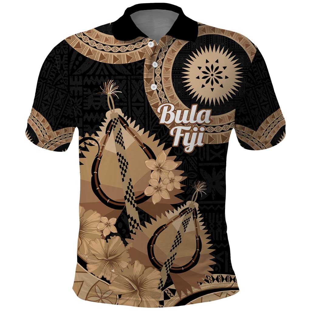 Black Bula Fiji Polo Shirt Fijian Dance Fan Tapa Cloth Pattern LT14 Black - Polynesian Pride