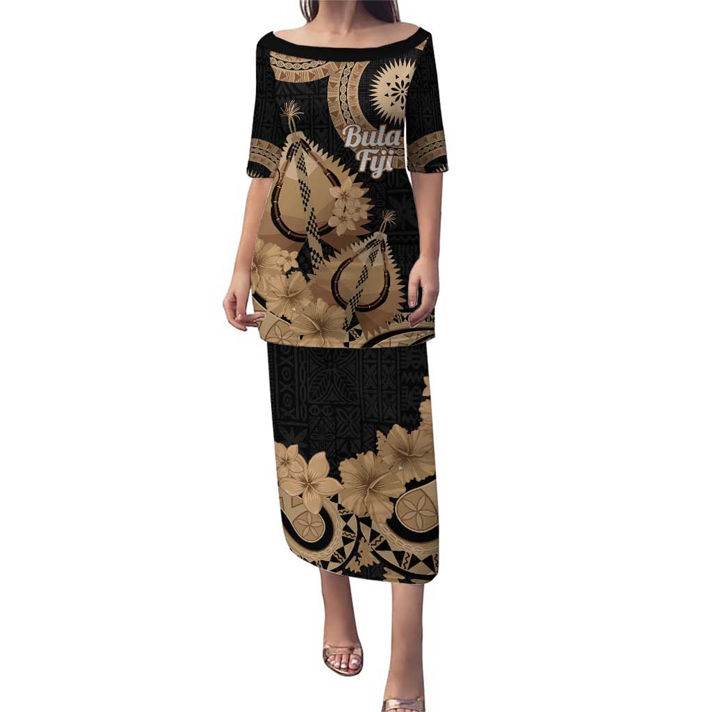 Black Bula Fiji Puletasi Fijian Dance Fan Tapa Cloth Pattern LT14 Long Dress Black - Polynesian Pride