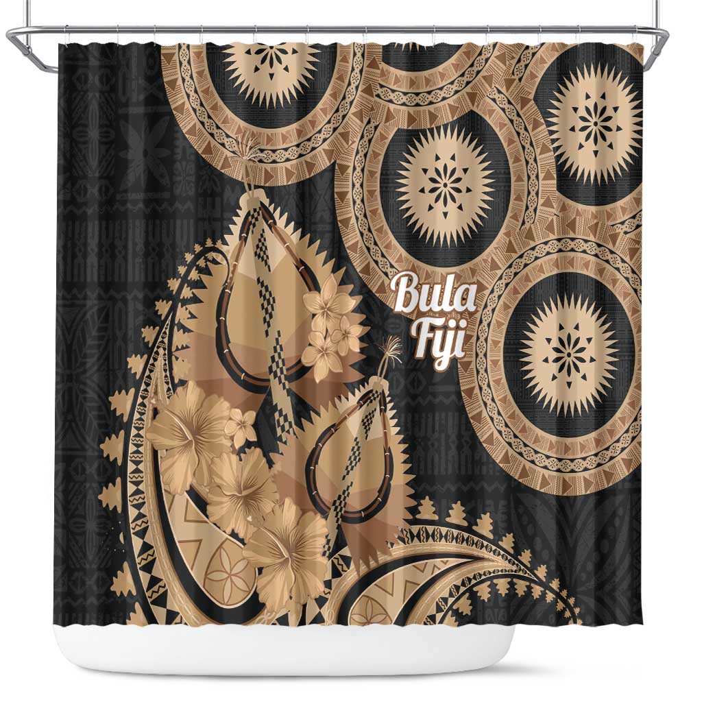 Black Bula Fiji Shower Curtain Fijian Dance Fan Tapa Cloth Pattern LT14 Black - Polynesian Pride