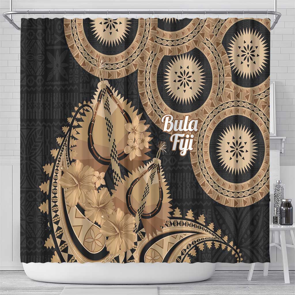 Black Bula Fiji Shower Curtain Fijian Dance Fan Tapa Cloth Pattern LT14 - Polynesian Pride