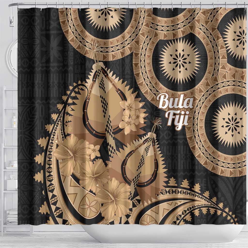 Black Bula Fiji Shower Curtain Fijian Dance Fan Tapa Cloth Pattern LT14 - Polynesian Pride