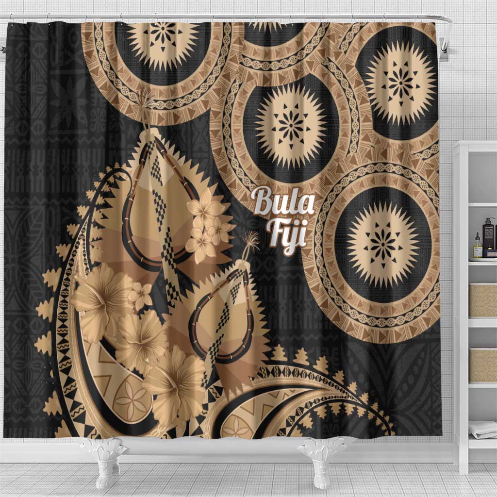 Black Bula Fiji Shower Curtain Fijian Dance Fan Tapa Cloth Pattern LT14 - Polynesian Pride