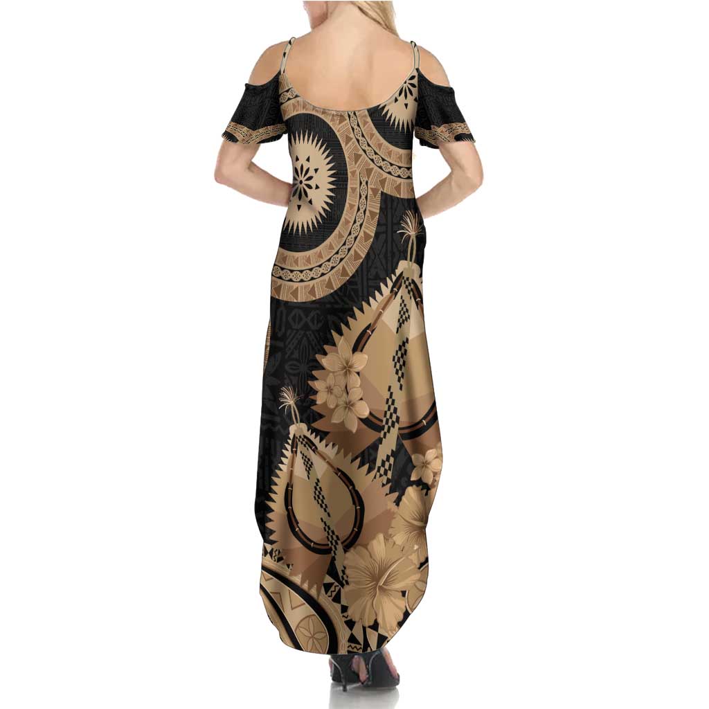 Black Bula Fiji Summer Maxi Dress Fijian Dance Fan Tapa Cloth Pattern LT14 - Polynesian Pride