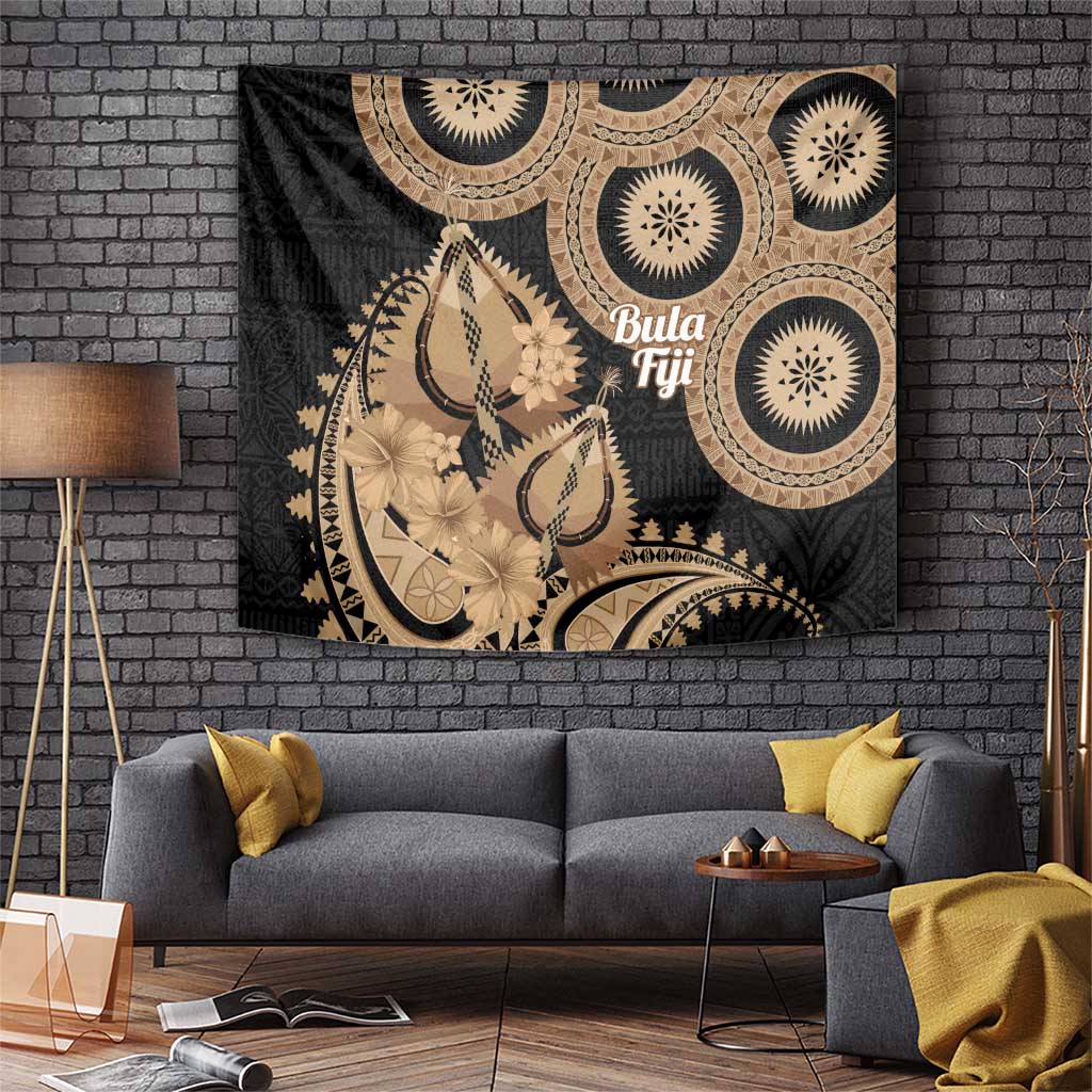 Black Bula Fiji Tapestry Fijian Dance Fan Tapa Cloth Pattern LT14 Black - Polynesian Pride