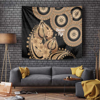 Black Bula Fiji Tapestry Fijian Dance Fan Tapa Cloth Pattern LT14 Black - Polynesian Pride