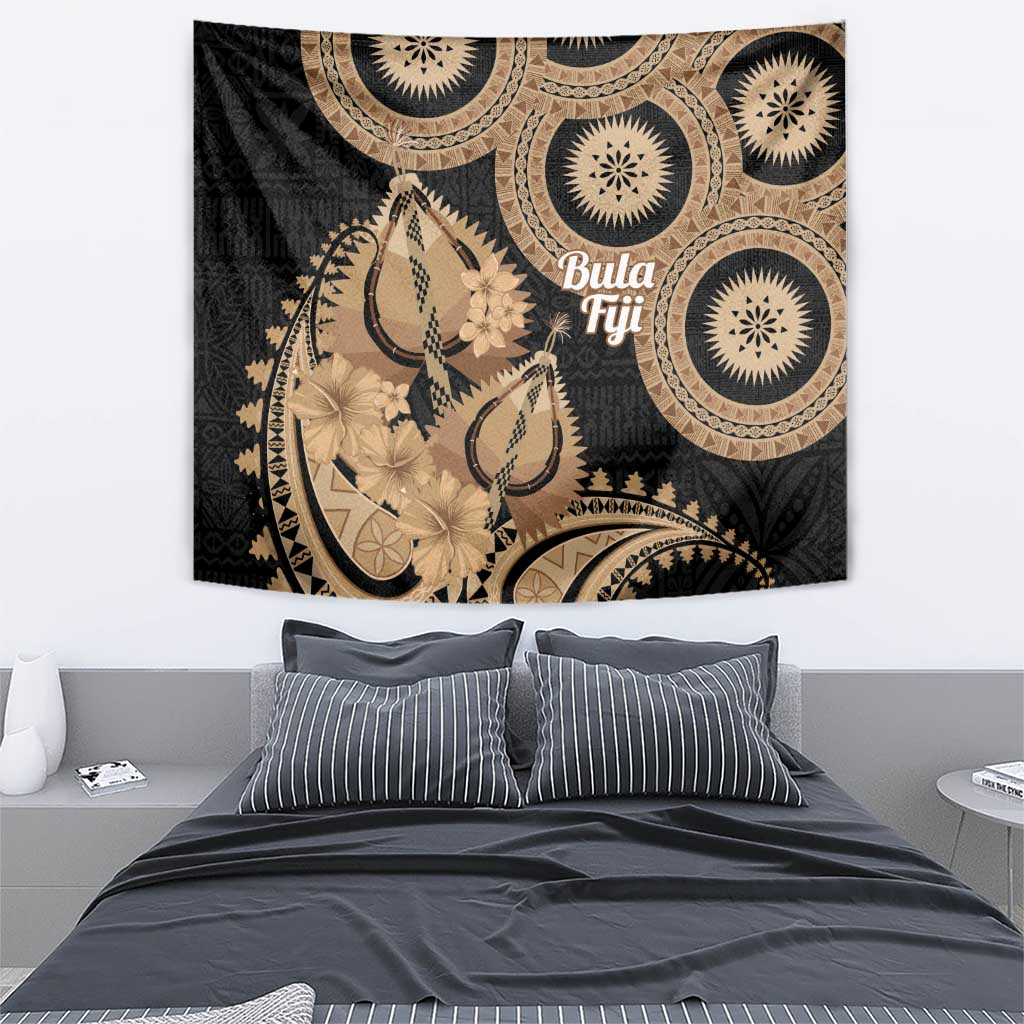 Black Bula Fiji Tapestry Fijian Dance Fan Tapa Cloth Pattern LT14 - Polynesian Pride