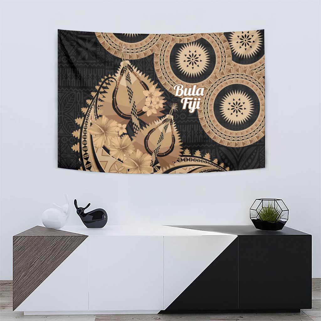 Black Bula Fiji Tapestry Fijian Dance Fan Tapa Cloth Pattern LT14 - Polynesian Pride
