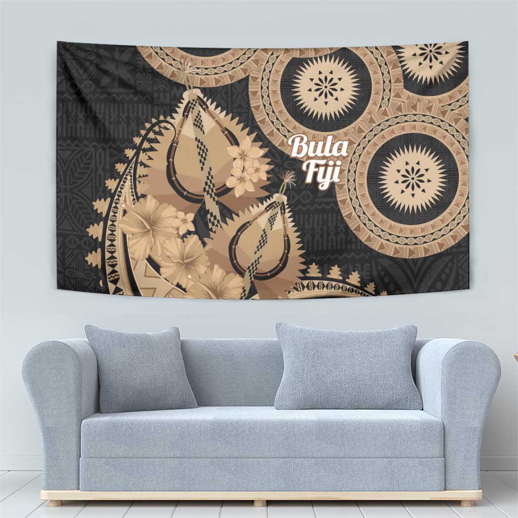 Black Bula Fiji Tapestry Fijian Dance Fan Tapa Cloth Pattern LT14 - Polynesian Pride