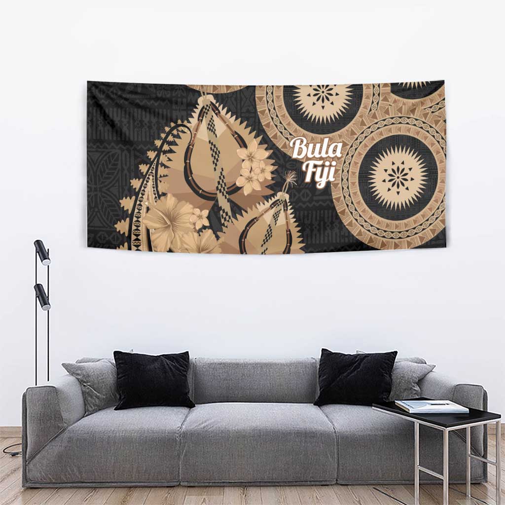 Black Bula Fiji Tapestry Fijian Dance Fan Tapa Cloth Pattern LT14 - Polynesian Pride